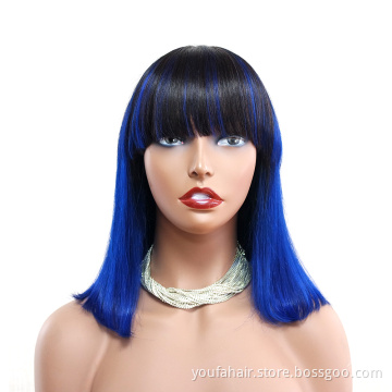 Ombre Color 1b/Blue Machine Made Bob Wig 100% Cuticle Aligned Peruvian Virgin Human Hair None Lace Short Bob Wig for Black Women